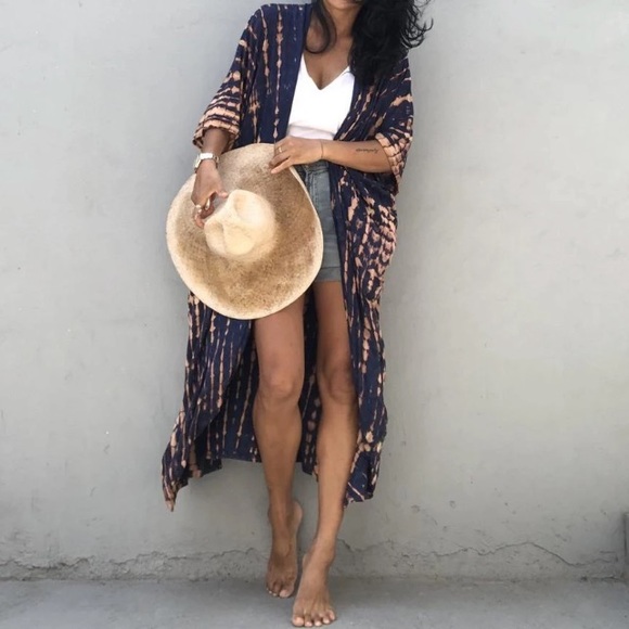 Navy Tie Dye Boho Swim Coverup Kimono Robe - Picture 6 of 8